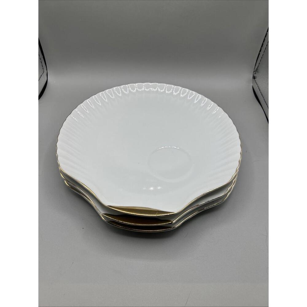 Set of 3VTG White & Silver-Trimmed Shell Porcelain Tea Snack Plate Japan Embassy